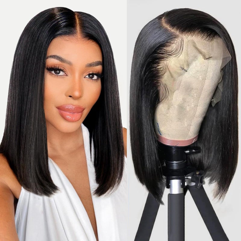 Iridescent Glueless Human Hair Lace Front Wig for Black Woman  13x4 Straight HD Transparent PrePlucked Bob Wig 180 Density Short Natural Black 16 Inch
